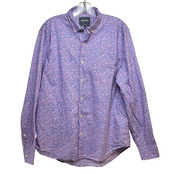 Bonobos Button Down Shirt Men's Large Regular Fit Cotton Pink Dots Blue Vines - Picture 1 of 4
